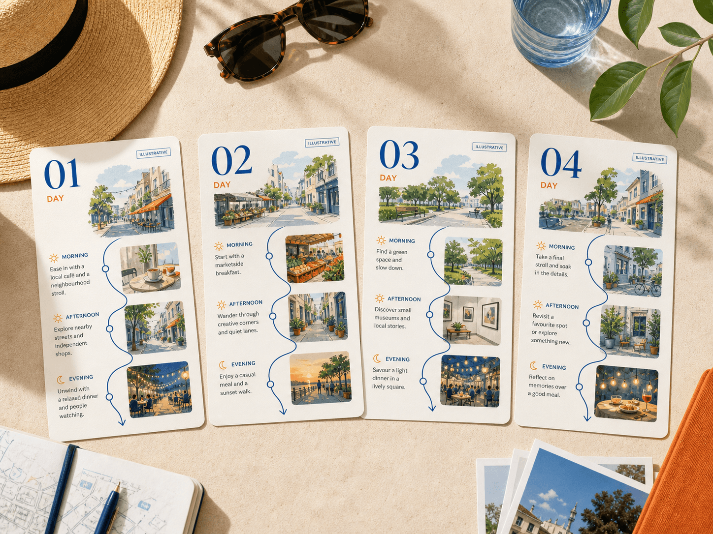 Printable illustrative day itinerary cards on a warm desk