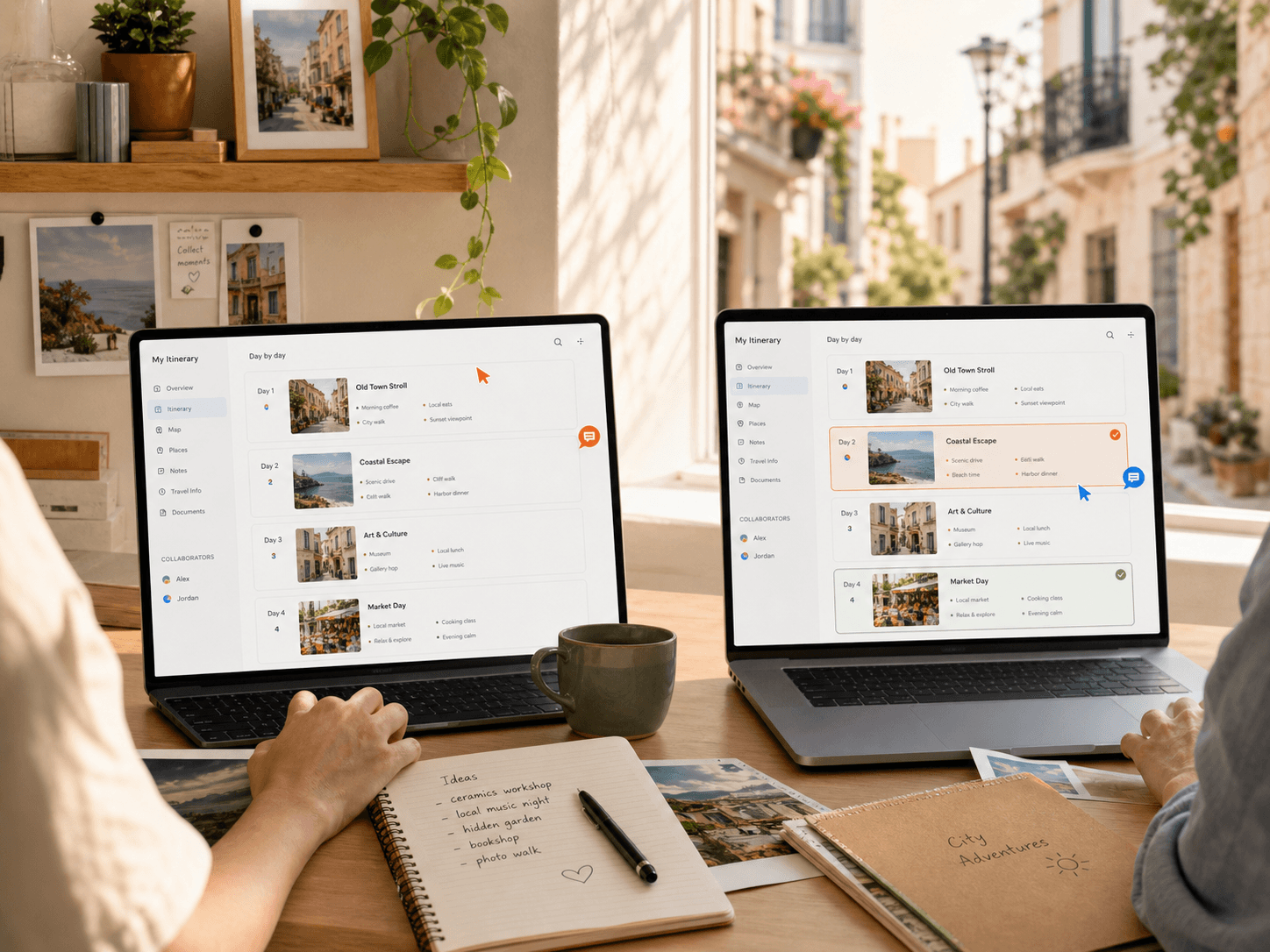 Companions co-editing a shared itinerary workspace