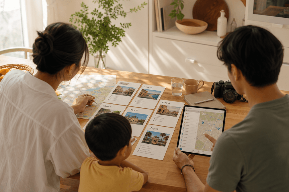 A family planning a self-guided itinerary around a table